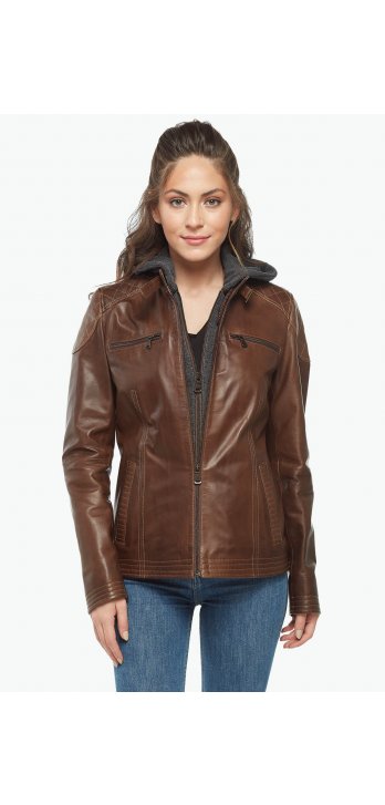 Brown Grease Hooded Leather Coat